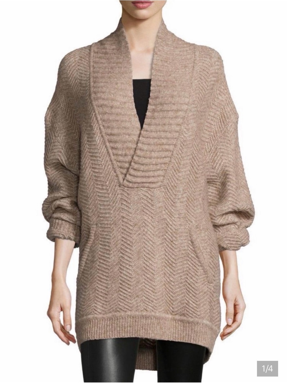Vince Chevron Stitch Deep V-Neck Tan Tunic Sweater Size Small